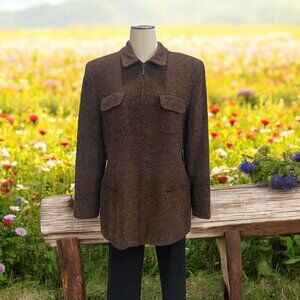 Brown Wool Blend  Tweed Jacket 14 Zip Up Retro Fall Outdoor Chic Office Elegant